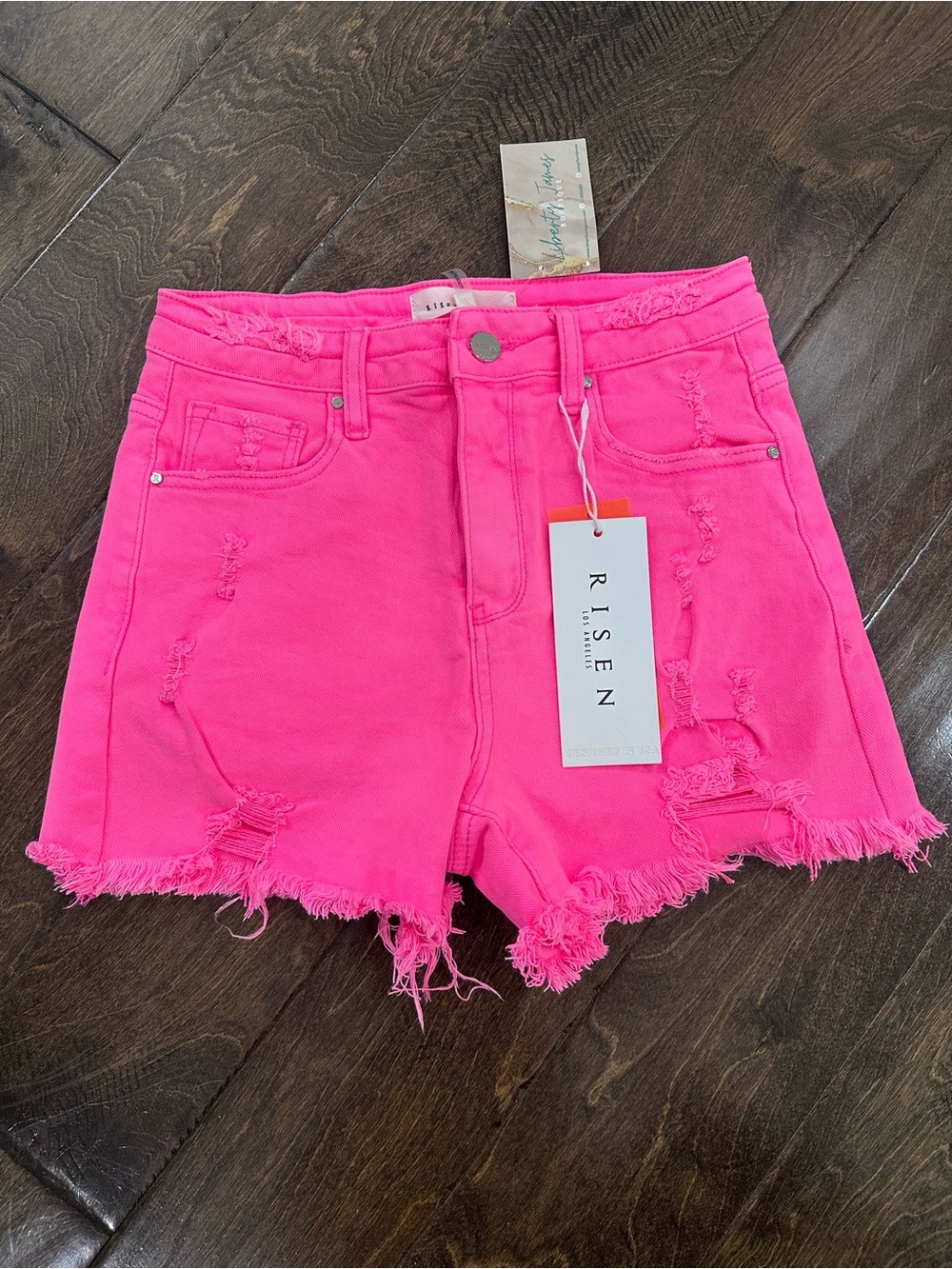 Risen Neon Pink Distressed High-Rise Denim Shorts
